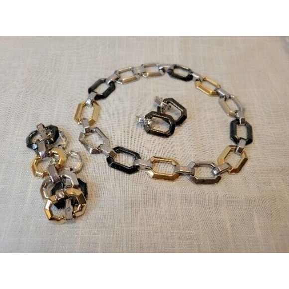 Retro Necklace Set Chunky Brutalist Chain Choker Bracelet Earring Tri Tone - Picture 8 of 12